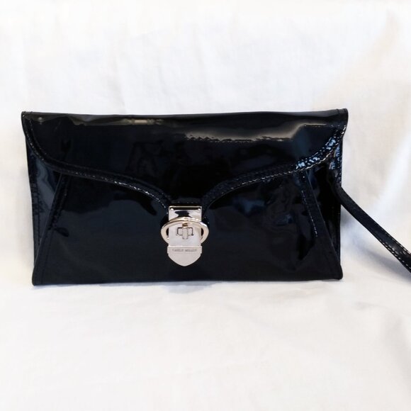 Karen Millen Black Patent Leather Clutch Bag-Leopard Print Interior & Hand Strap - Picture 1 of 14